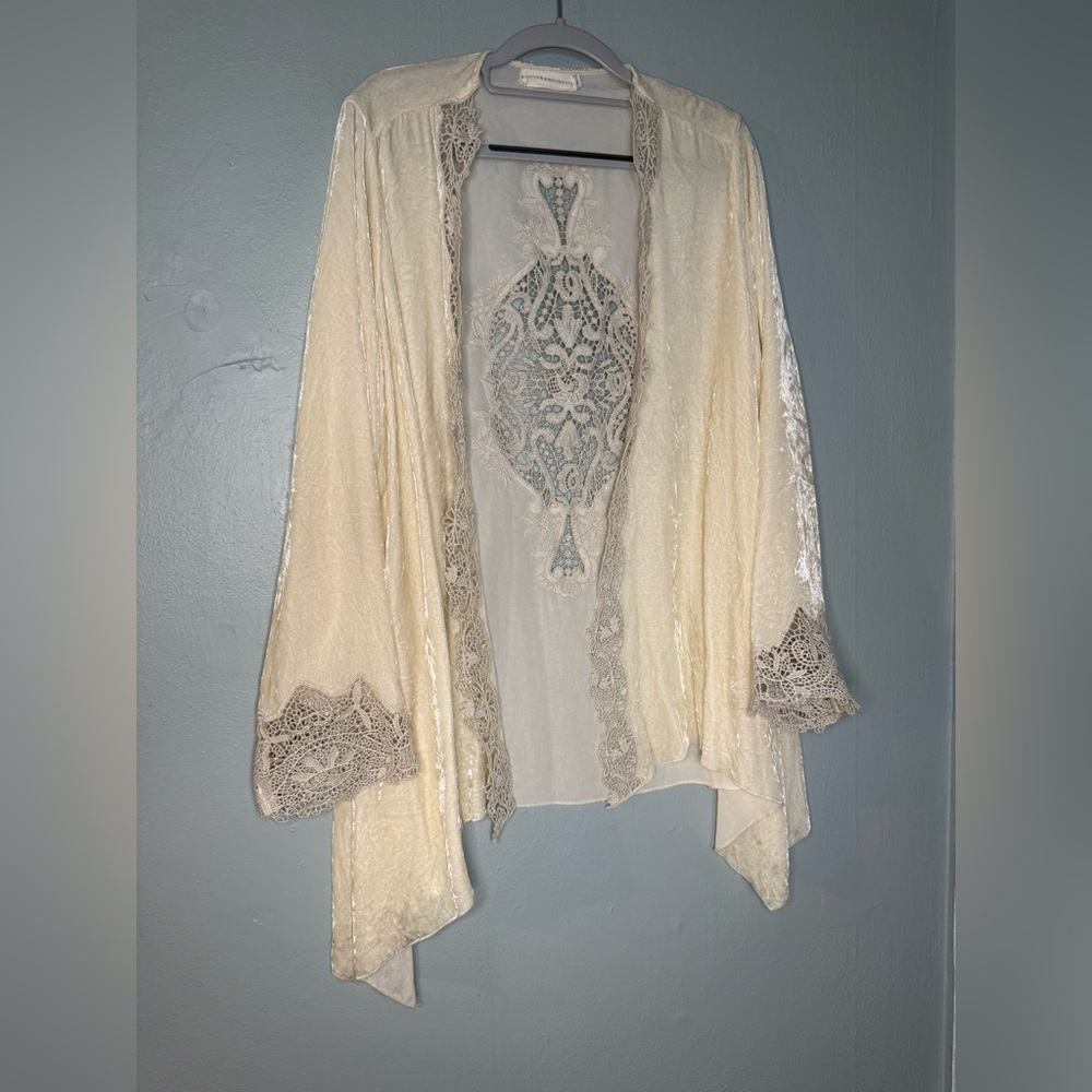 Johnny Was 4 Love and Liberty‎ velour ivory crochet cardigan boho